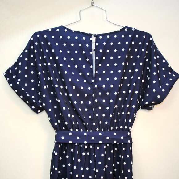 Navy polka dot JUMPSUIT Sz L-XL dressy & flowy, elastic waist, matching belt - Picture 6 of 6